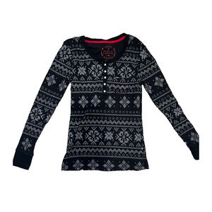 Jane & Bleecker Waffle Knit Thermal Small Y2K Nordic V Neck Black Long Sleeve